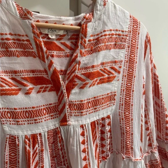Elan Clara Orange White Embroidered Boho Mini Dress Bell Sleeve Pockets S - Picture 5 of 9